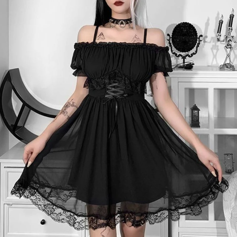 

2022 New Women's Black Chiffon Mesh Lace Sling Dress Ladies Sexy Fashion Summer Elegant Party Evening Dress Sweet Y2K Dress
