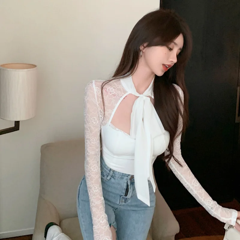 Autumn Knit Top French Lace Up Short Slim Long Sleeve Lace Shirt White Bow Sexy Hot Blouse Fashion Tops Korean Womens Shirts JD6