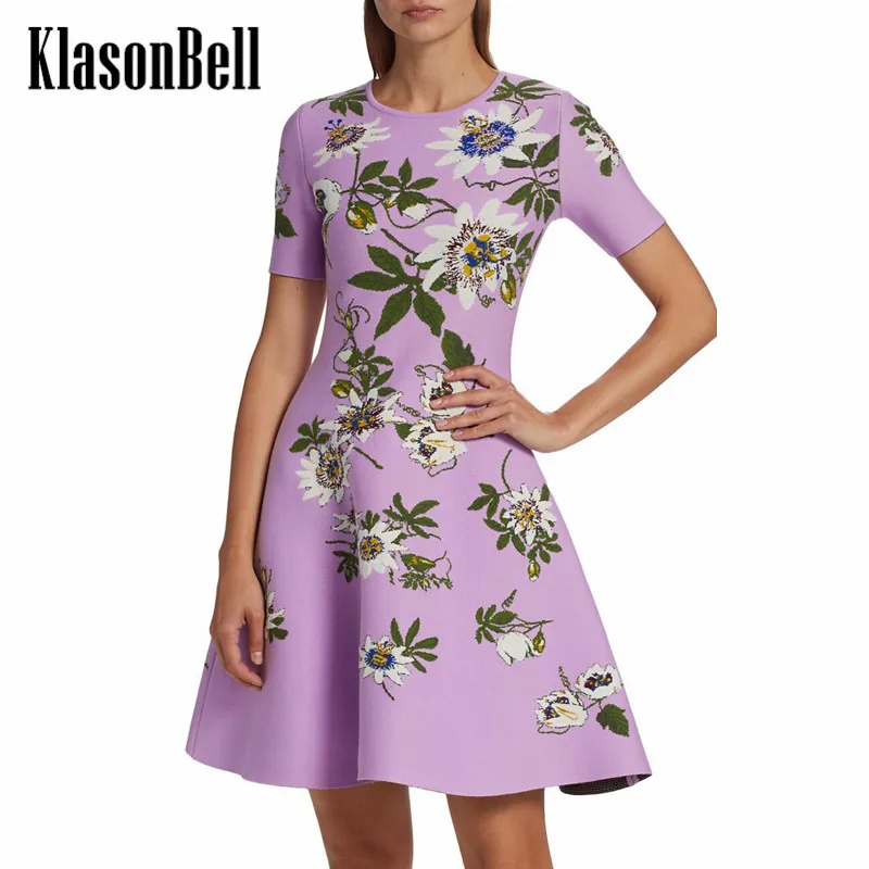 

8.25 KlasonBell Fashion Vintage Flower Passionflower Jacquard Stretchy Knitted Collect Waist Short Sleeve Mini Dress Women