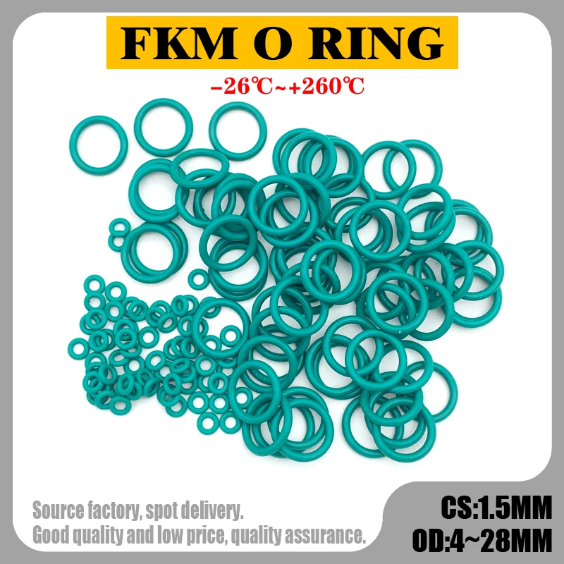 

50pcs FKM Fluorine Rubber O Ring Seal Gasket Thickness 1.5mm OD 4 ~ 28mm Insulation Oil High Temperature Resistance Green Washer