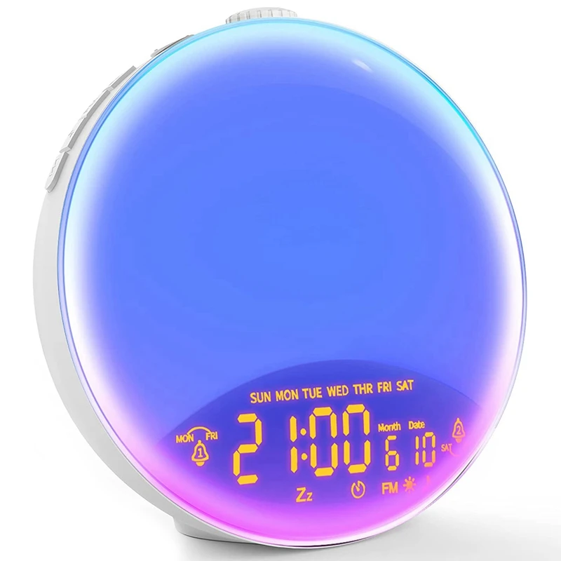

Wake Up Light, Sunrise/Sunset Lamp Simulator 6 Color 4 Effect Lights 20 Brightness Levels 7 Natural Sounds FM Radio