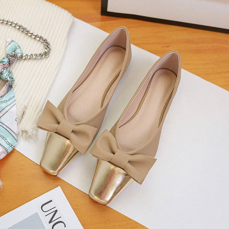 Size 34-42 Women Almond Shaped Toe Leather Flats Pumps Shoes Designer Style Party Wedding Gold Bowknot Office Lady Slip on L12