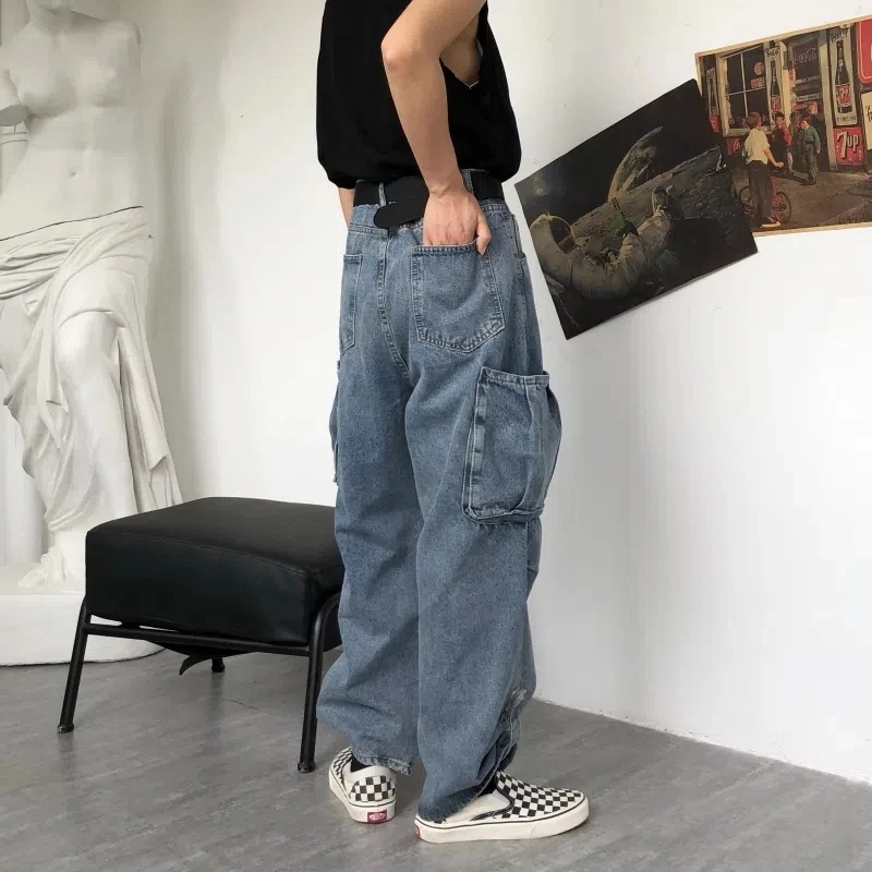 New HIP-HOP Men Grunge Streetwear Gray Baggy Jeans Women Korean Fashion Oversized Pockets Cargo Denim Pants Wide Leg Trousers