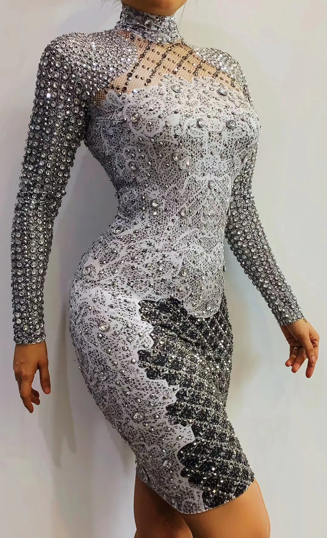 Блестящий искусственный жемчуг с длинным рукавом, черно-серый цвет, сексуальная женская одежда для празднования дня рождения, вечеринки
