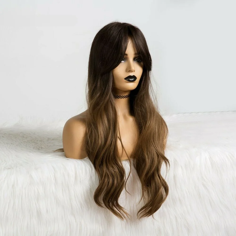 Темно-коричневые волнистые парики с длинной челкой для женщин