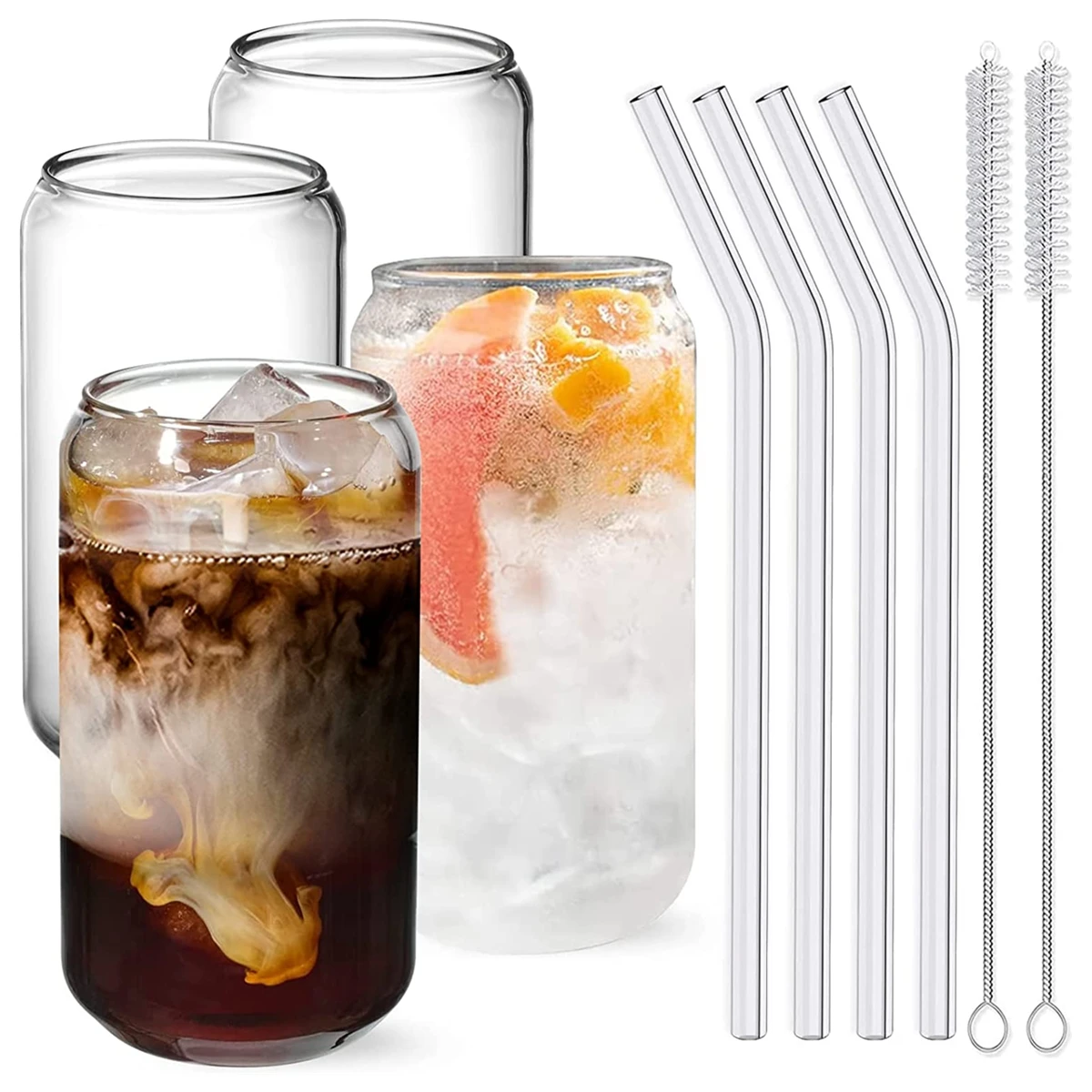 Drinking Glasses with Glass Straw 4 Sets Can Shaped Beer Glasses Cup Iced Coffee Glasses for Whiskey Soda Tea Cocktail Drinkware