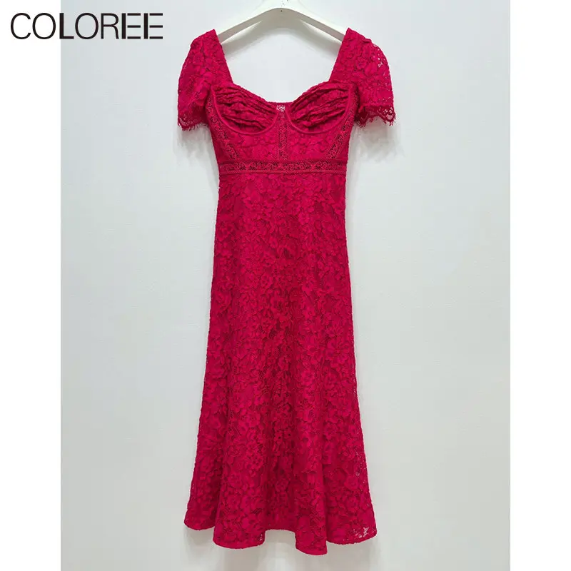 

Элегантное Красное Кружевное длинное платье, роскошные высококачественные дизайнерские сексуальные платья макси без бретелек 2023, Корейская летняя одежда