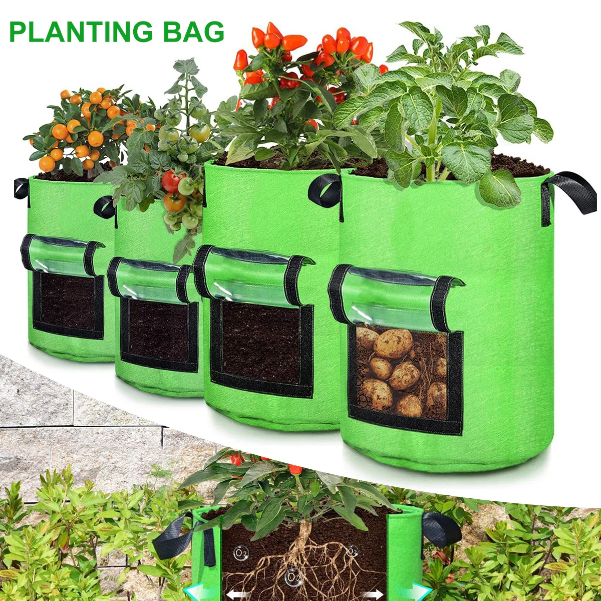 

2pcs Garden Grow Bags Breathable Plant Bags with Transparent Access Flap Window Durable Planting Sacks Outdoor Planters Bag for