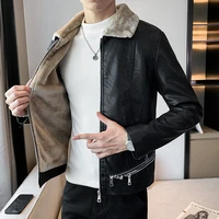 autumn winter plus velvet thickened men leather jacket faux fur collar coat motorcycle pu leather jacket outwear male clothing