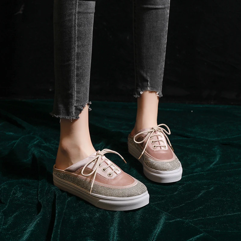 

Women's Fashion Casual Shoes 2023 New Spring and Autumn Lace Up Round Head Rhinestone Colored Flat Floor Slippers