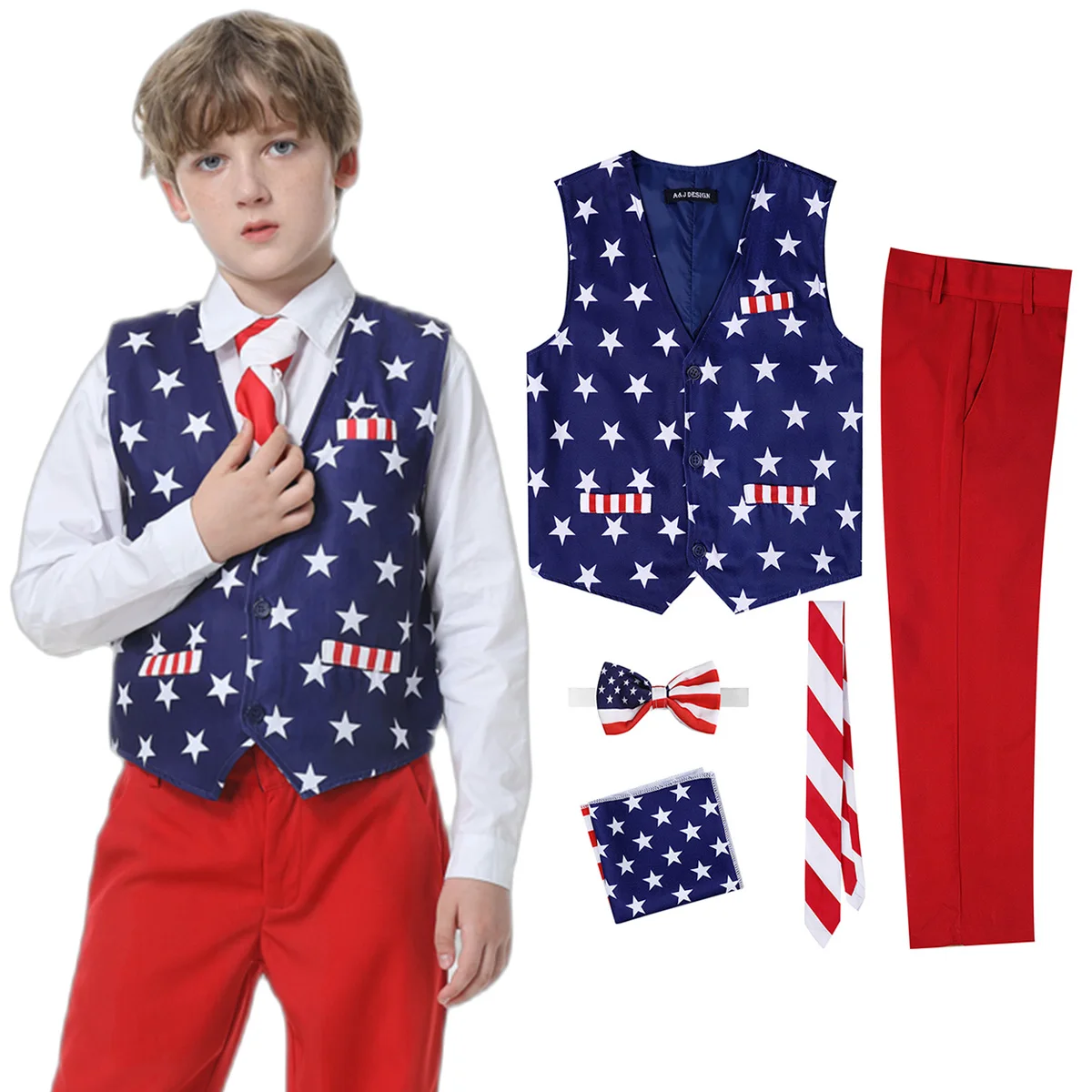

American Flag Suit for Boy Toddler 4th of July USA Independence Day Outfit Kids Formal Costume with Vest and Pants Clothes 5PCS