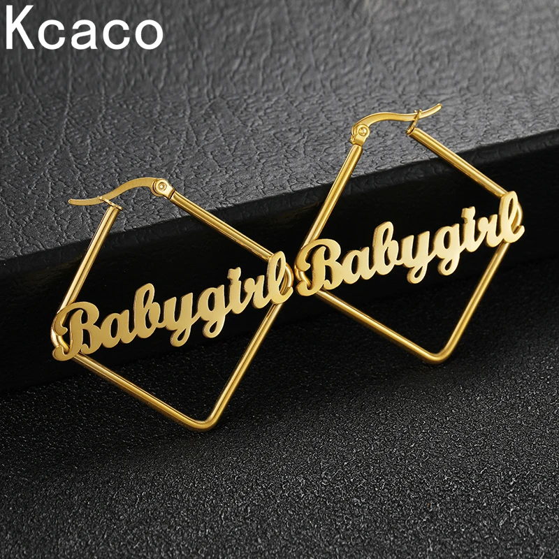 Kcaco Personalized Stainless Steel Girls' Name Hoops Earrings Custom Letters Square Earrings Unique 