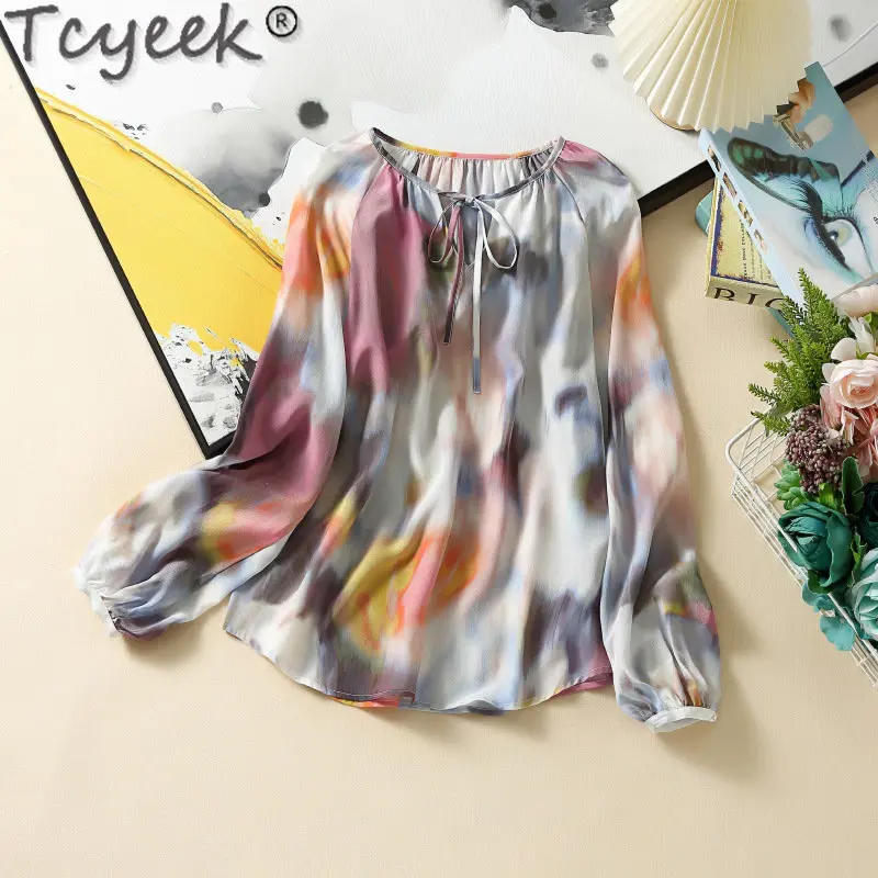 

Tcyeek Spring Summer Long Sleeve Top Women Clothing 100% Mulberry Silk Blouse Lace-up 2023 Elegant Print Blouses Blusas Mujer LM