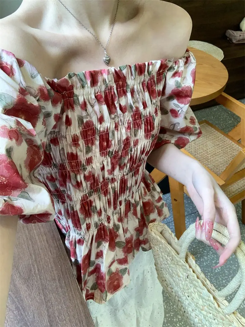 Блузки с цветочным принтом женские плиссированные топы квадратным воротником и