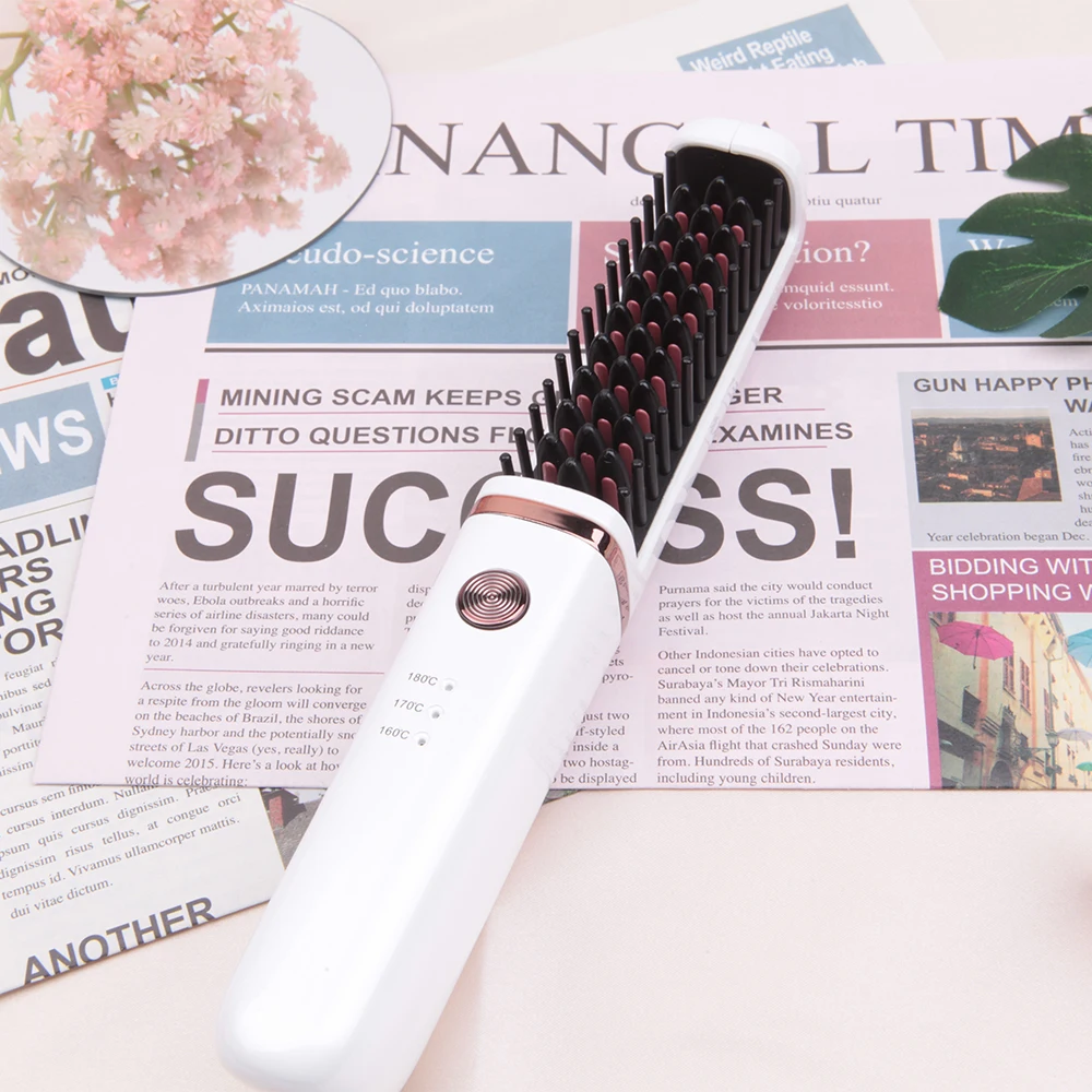 

Wireless Hair Straightener Brush White Rechargeable New Arrival USB Recharge Easy to Carry 100-240v Universal Perm Machine