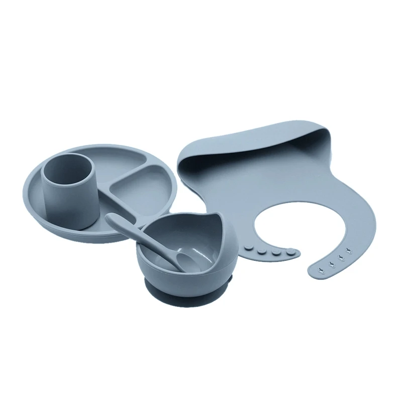 

5PCS/Set Baby Plate Bowl Spoon Bib Set Food Grade Silicone Kitchenware Suction Children's Tableware Silicone Dishes
