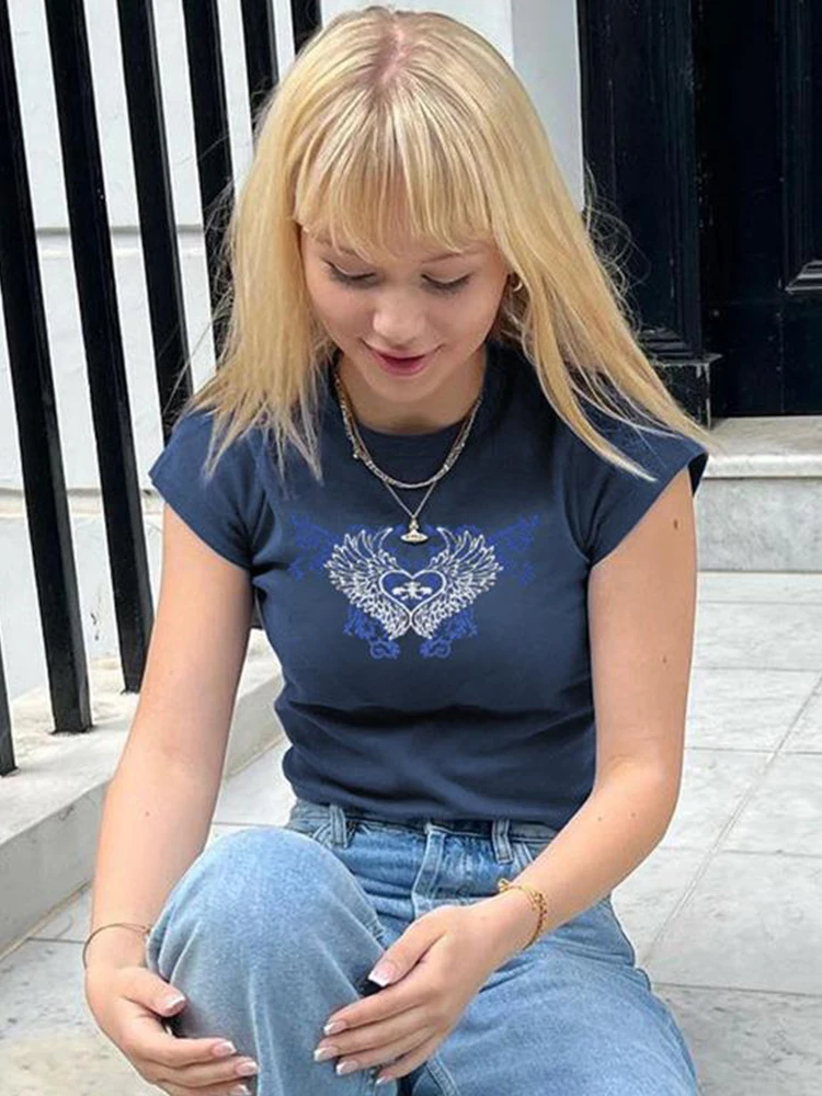 

Женские уличные футболки Kalevest Y2K, синие футболки Gyaru с коротким рукавом, волшебный гранж, Женский корсет, топы, фотографический короткий топ