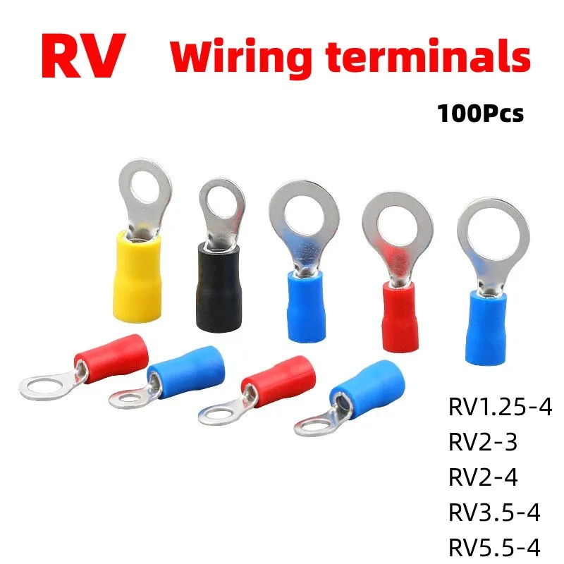 

100Pcs RV1.25-4 RV2-3 RV2-4 RV3.5-4 RV5.5-4Wire Terminal Crimp Splice PVC Insulation Circular Round Cold Press Cable End Connect