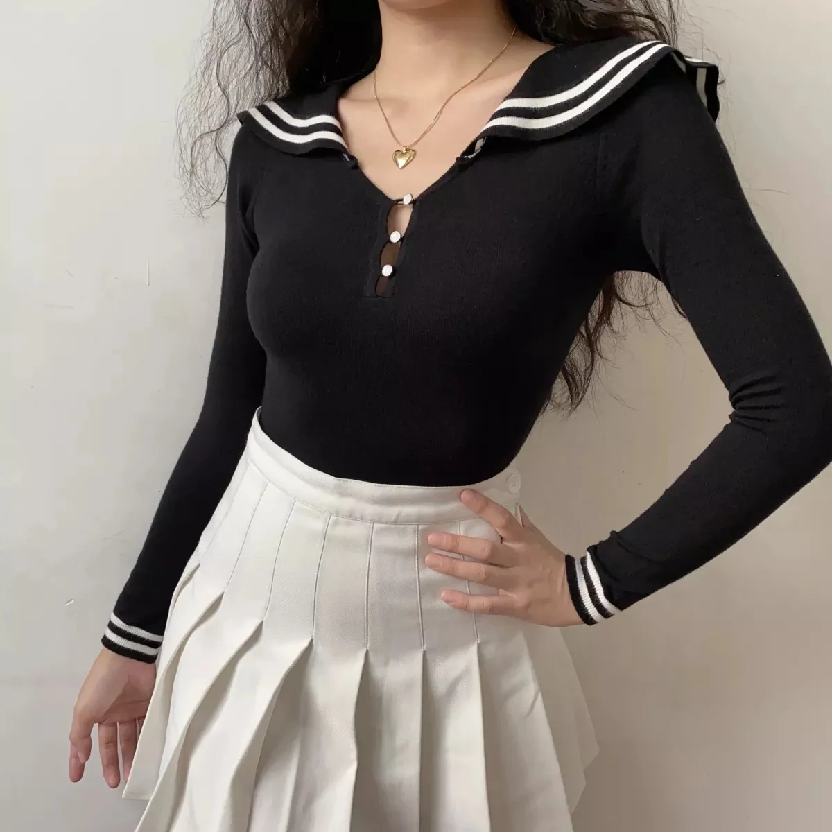 

Женский топ с темно-синим воротником, нагрудная Пряжка, облегающая цельный топ с длинным рукавом, Женский Топ,