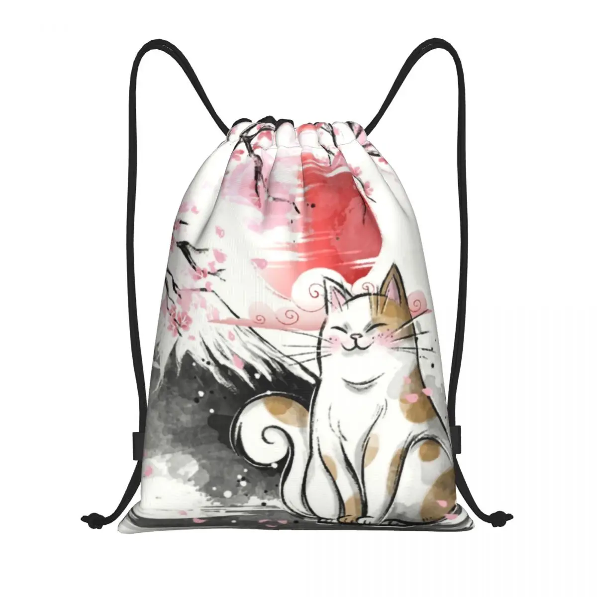 

Japanese Sakura Cute Cat Drawstring Bag Men Women Foldable Gym Sports Sackpack Floral Flower Shopping Storage Backpacks