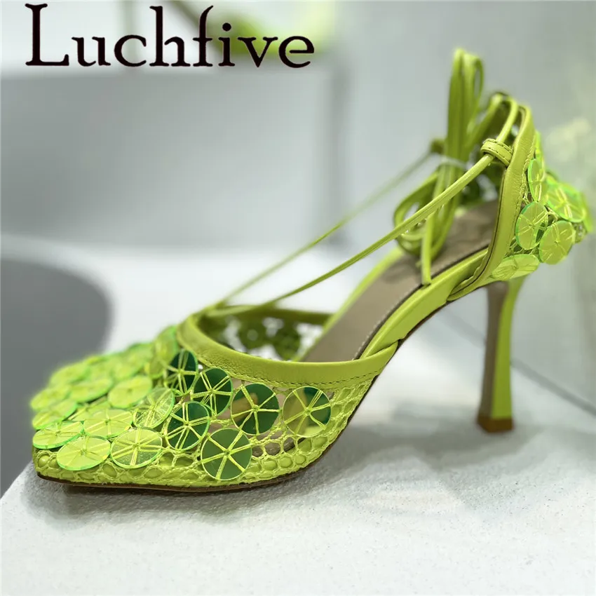 

2022 Summer New Mesh Thin High Heels Sandals Women Square Toe Ankle Strap Pumps Brand Sexy Runway Ladies Sandals