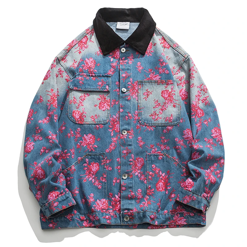 

Autumn Oversize Vintage Denim Jacket Men Flower Printed Cowboy Coat Fashion Korean Street Jean Outerwear Clothing Male Plus Size
