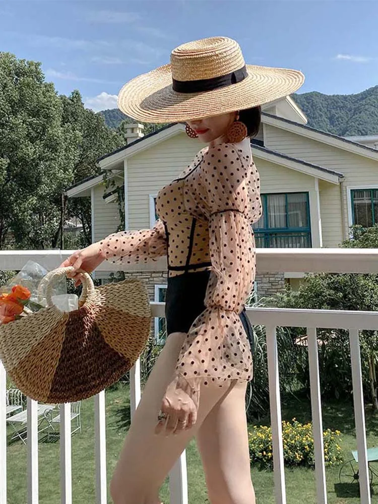 Цельный купальный костюм с длинным рукавом женская одежда для плавания в горошек