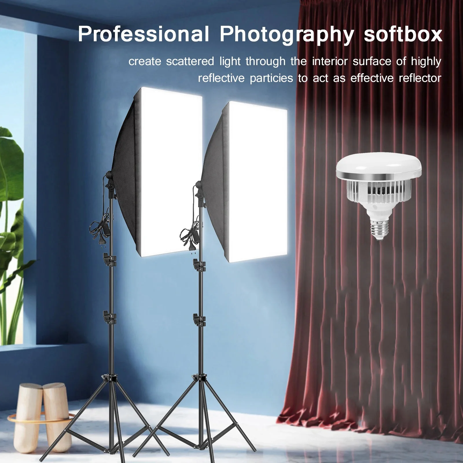 Фото Комплект освещения для фотостудии 50x70 см с софтбоксом, 220 В, 150 Вт, штатив 2,1 м, профессиональная система постоянного освещения для фотостудии. №3
