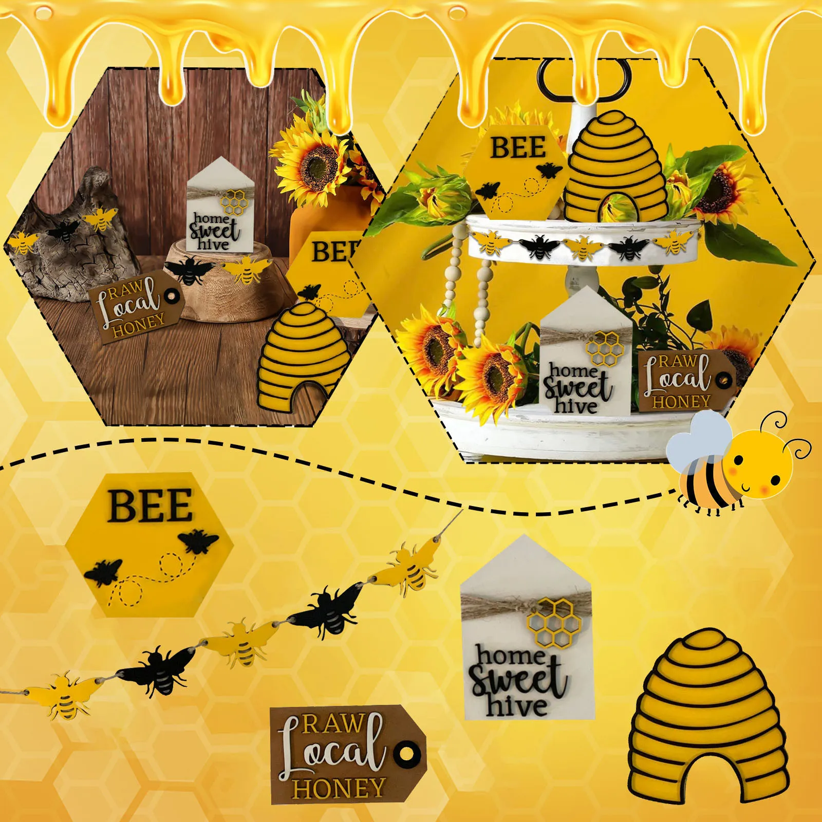 

Плоский декор в несколько рядов, мини-поднос в несколько рядов, праздничное деревянное украшение в виде пчелы, настольное украшение