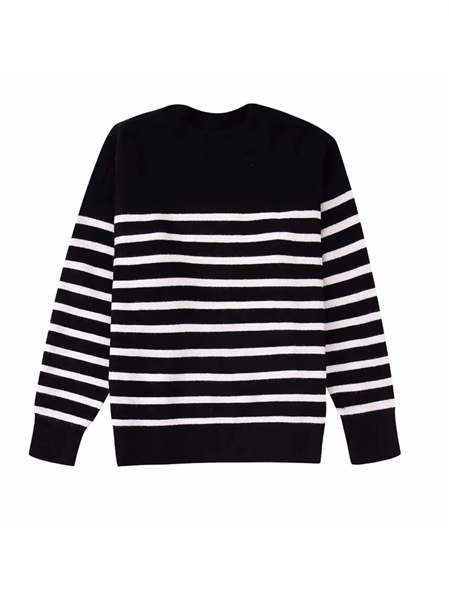 

Женские прямые трикотажные топы в черно-белую полоску, повседневный женский свитер с длинными рукавами и круглым вырезом, новинка 2022