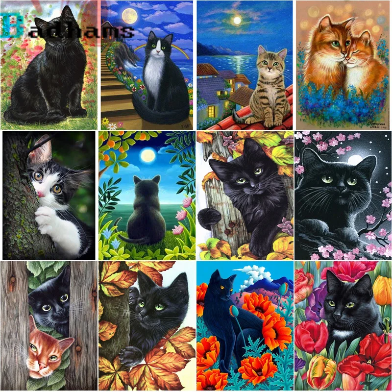 

Black Cats Flower Bushes Night Moon Illustration DIY Diamond Painting Cross Stitch Mosaic Rhinestones For Living Room Home Decor