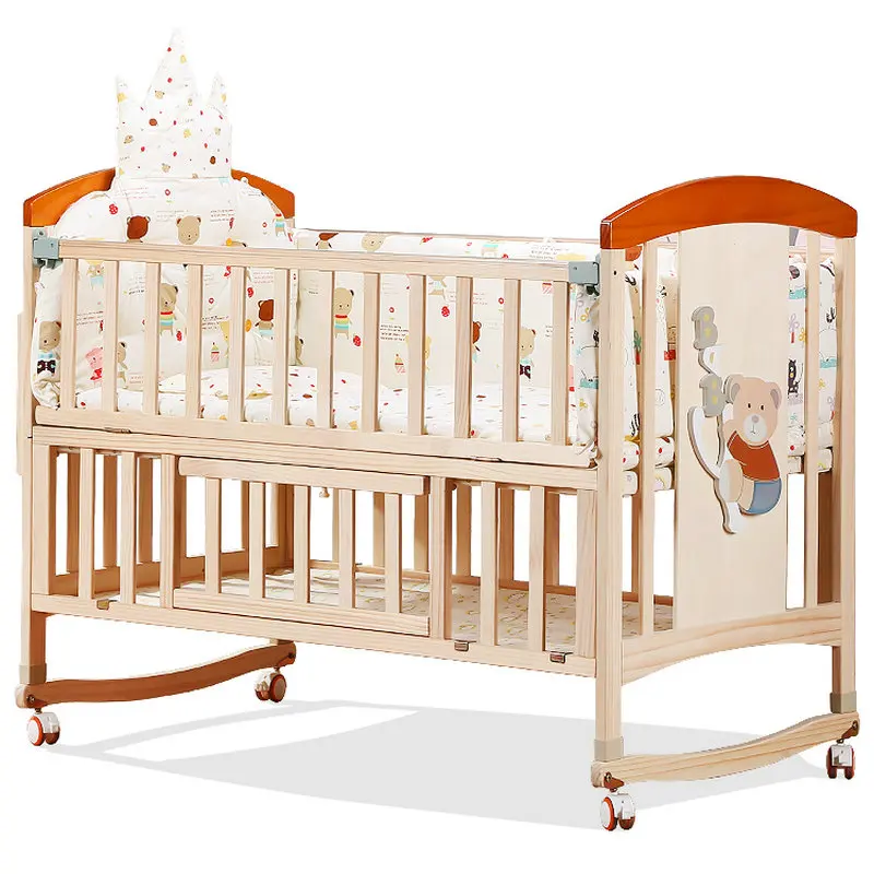 Multifunctional Large Size Newborn BB Cot For 0-5 Ages Kids, 120*69*98cm, Solid Wood Crib Cradle Splicing Adult Bed