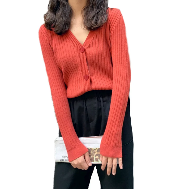 

Women Cardigan Solid V-Neck Long Sleeve Button Spring Autumn Casual Sweater Office Lady Fitted Knitwear All-Match Bottom Tops