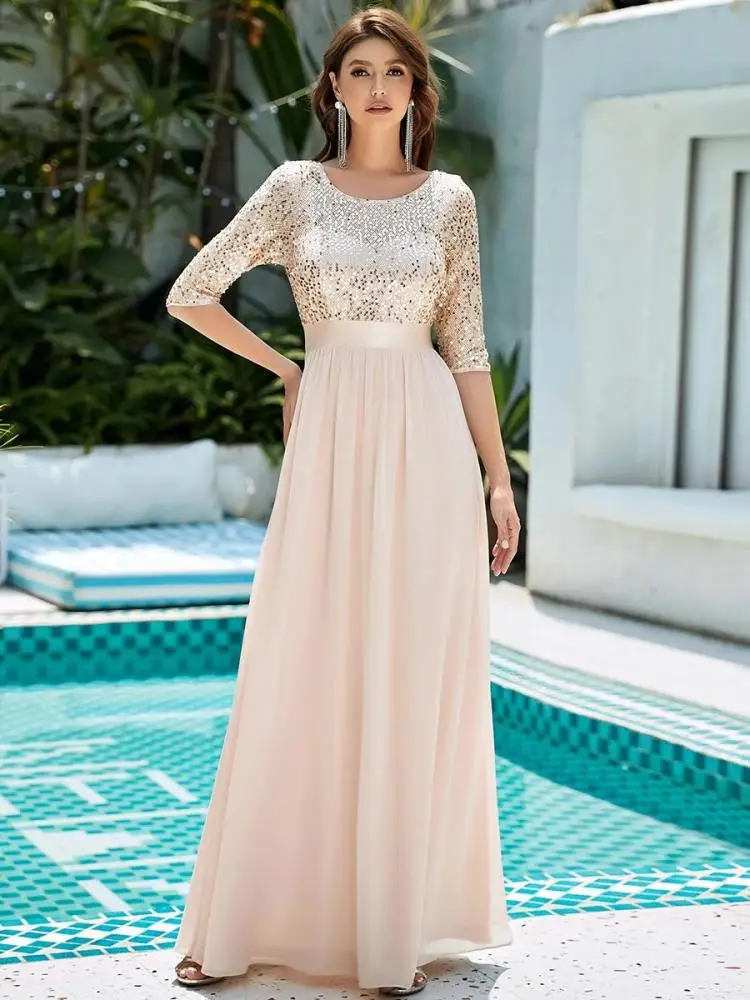

Elegant Evening Dresses A-LINE Long Chiffon Sleeve Crew Neck 2022 ever pretty of Simple Sequins Bridesmaid dress Women