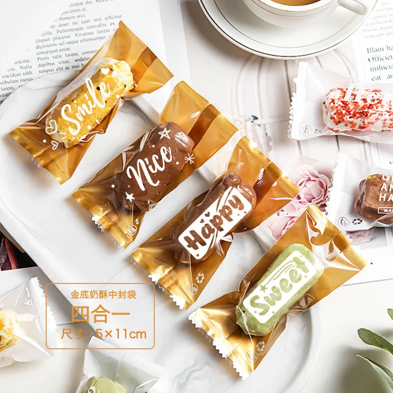 

100Pcs 5x11cm Transparent Letter Printed Biscuit DIY Cookie Toffee Nougat Crisp Baking Machine Sealing Bags