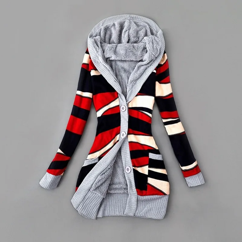 

New Velvet Printed Hooded Knitted Cardigan Jacket Winter Clothes for Women