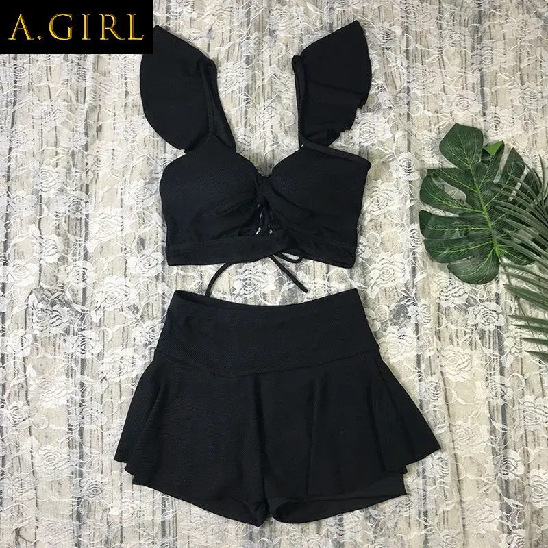 

A GIRLS Bikini Set Women High Waist 2021 Swimwear Ribbed Biquini Strap Swim Bathing Suits Sexy New Push Up Swimsuits Solid Brazi