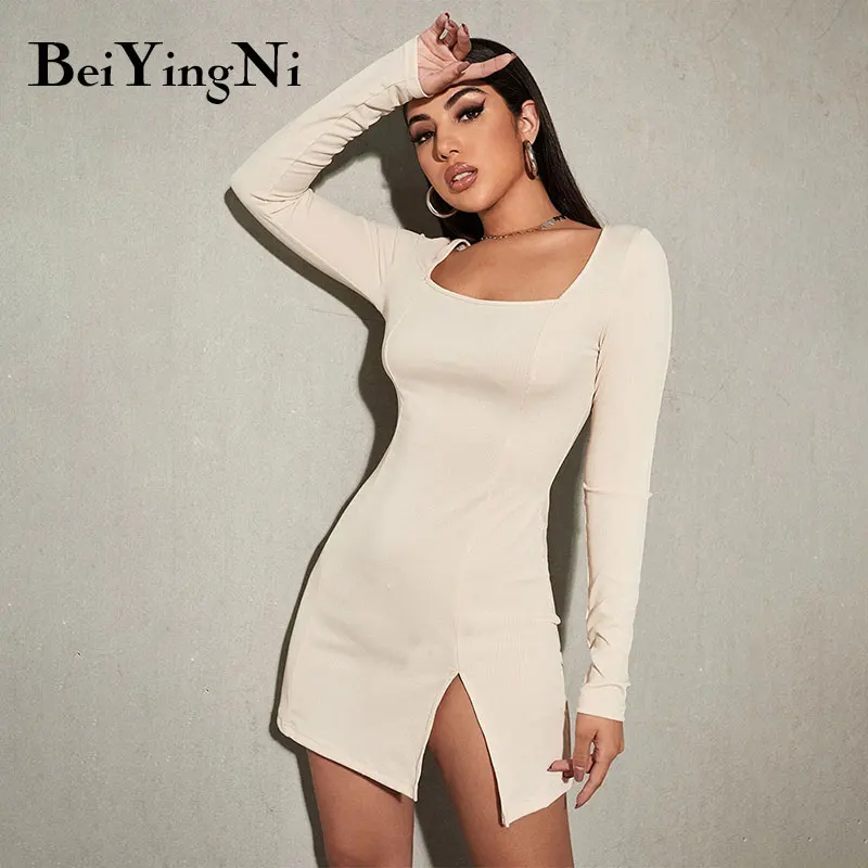 

Beiyingni женские сексуальные платья с разрезом и квадратным вырезом, Облегающее вязаное женское платье, элегантное мини-платье, Осень-зима 2022