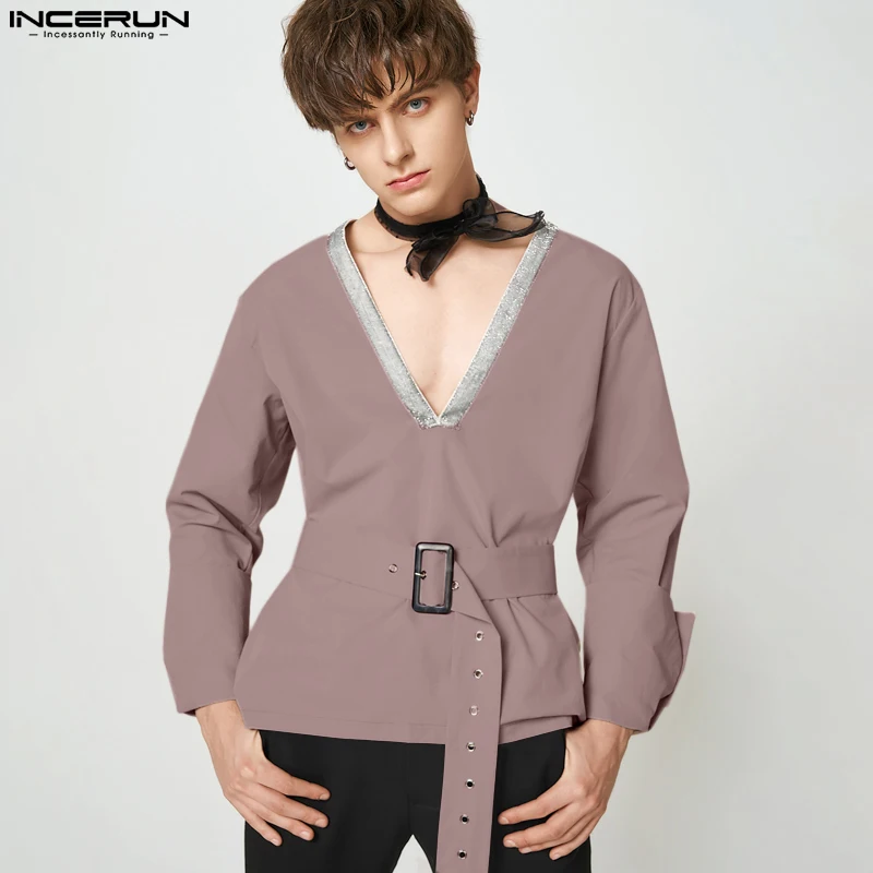 

Men Shirt Patchwork Deep V Neck Streetwear Long Sleeve Fashion Casual Shirts With Belt 2023 Party Camisa Masculina S-5XL INCERUN