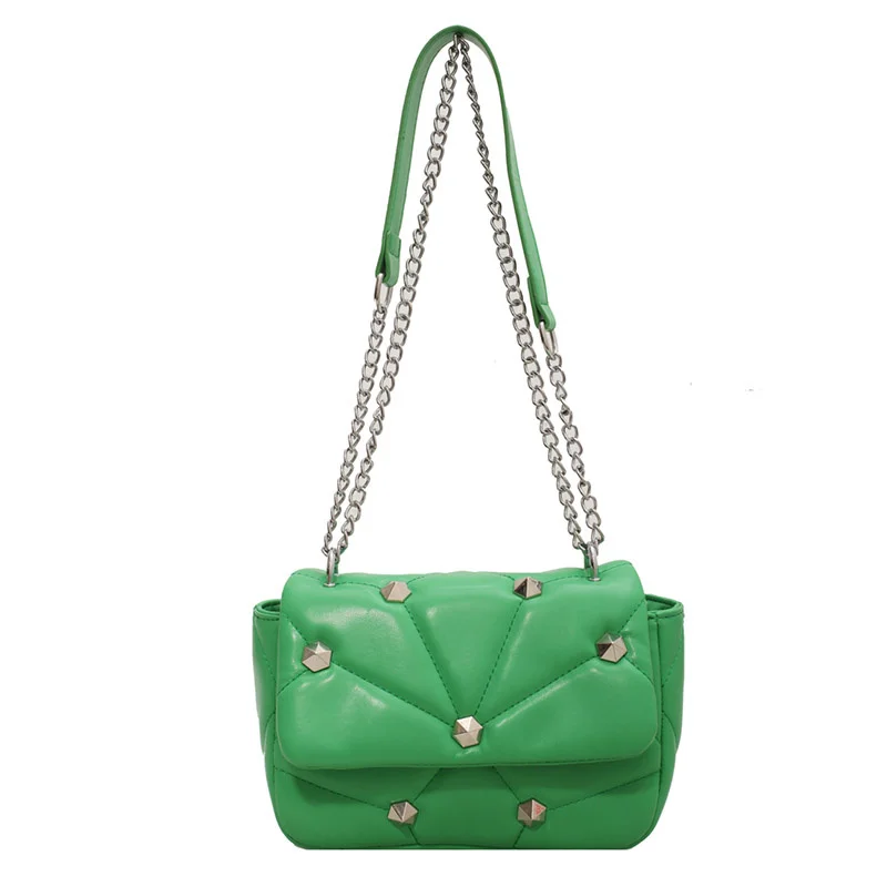 

Green Small PU Leather Shoulder Crossbody Bags For Women 2022 Hit Winter Branded Rivet Designer Luxury Chain Handbags and Purses