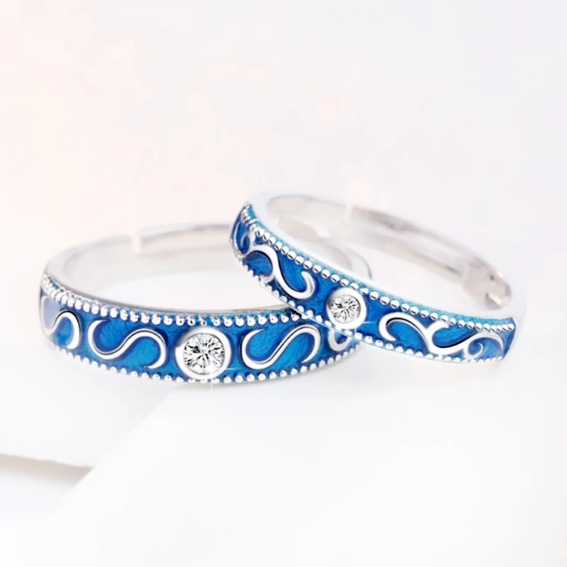 

Sole Memory New Creative Couple Sweet Romantic Retro Zircon Blue Dripping Glaze Silver Color Opening Rings SRI277