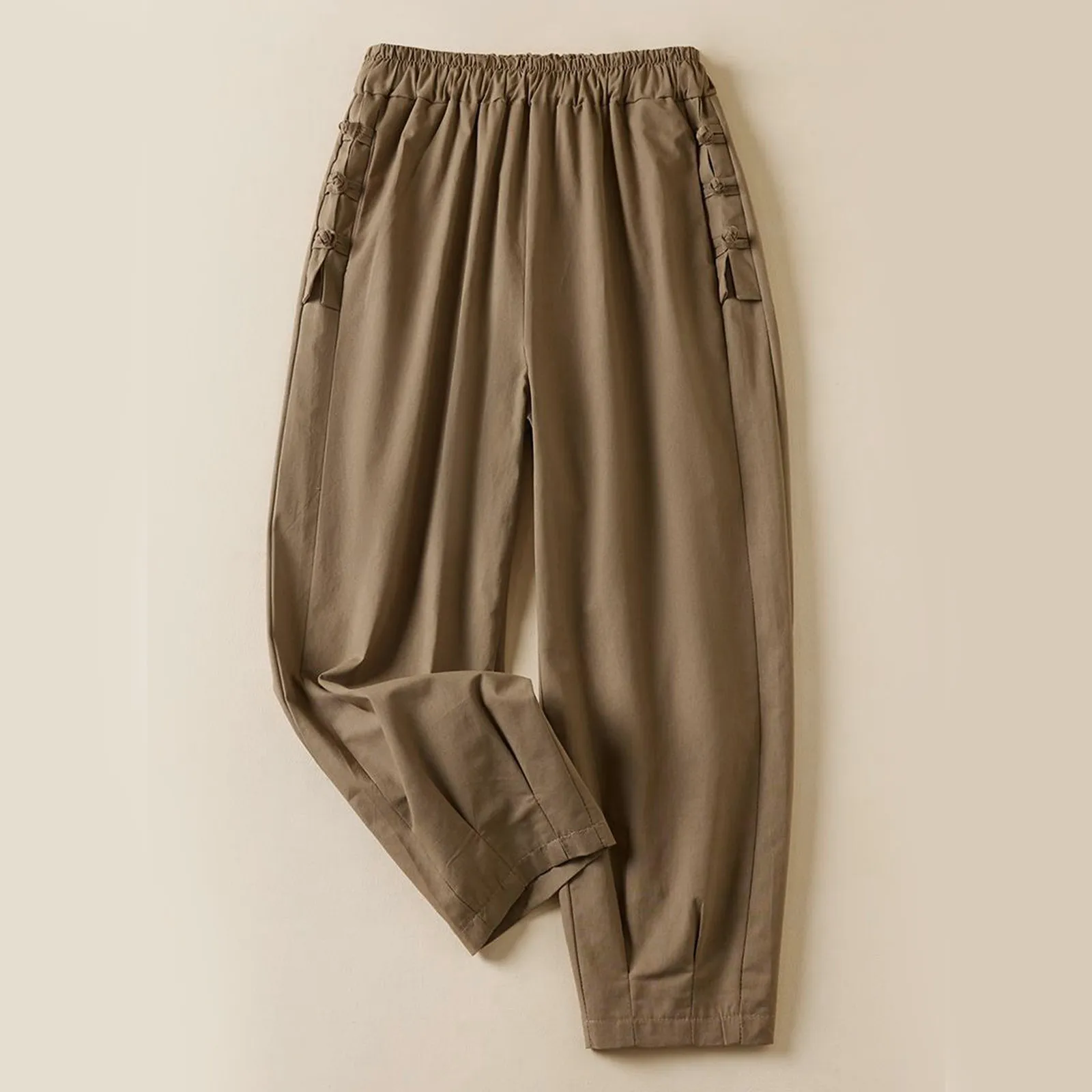 

Женские брюки-фонарики в стиле ретро, повседневные мешковатые шаровары длиной до щиколотки, мягкие брюки с высокой эластичной талией и декоративными дисковыми пряжками, 2023