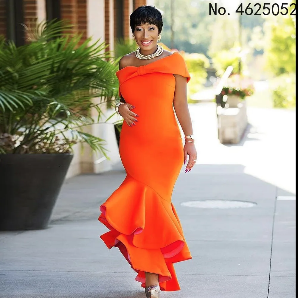 

Элегантные африканские платья для женщин, новинка 2022, вечернее праздничное длинное платье макси с оборками и открытыми плечами, однотонная ...