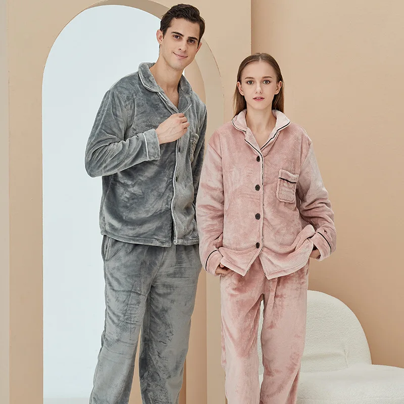 

Winter Thicken Flannel Sleepwear Set For Women 2 Pcs Set Loose Homewear Outfit For Couple Long Sleeve Trousers Nightwear Suit