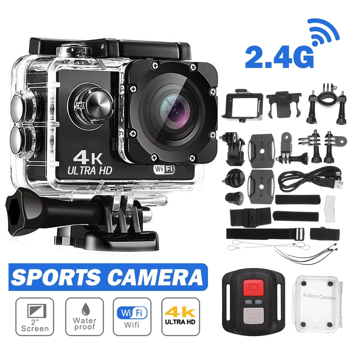

Экшн-камера 4k HD, экран 2,0 дюйма, Wi-Fi, водонепроницаемая