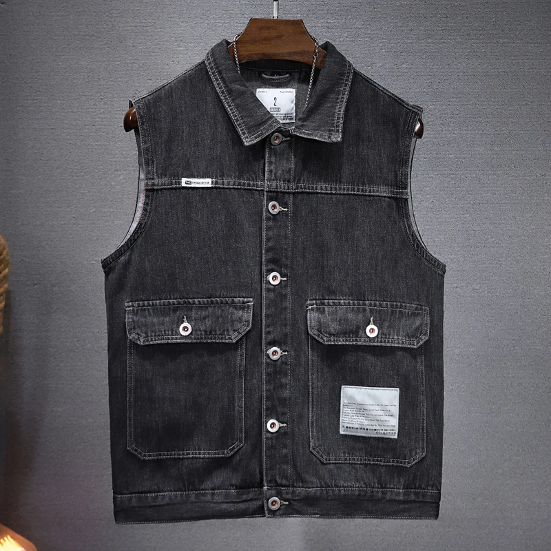 

Men Blue Denim Waistcoats Vests Jackets Solid Classic Denim Coats Vests New Fashion Male Cotton Slim Black Jeans Waistcoats 5XL