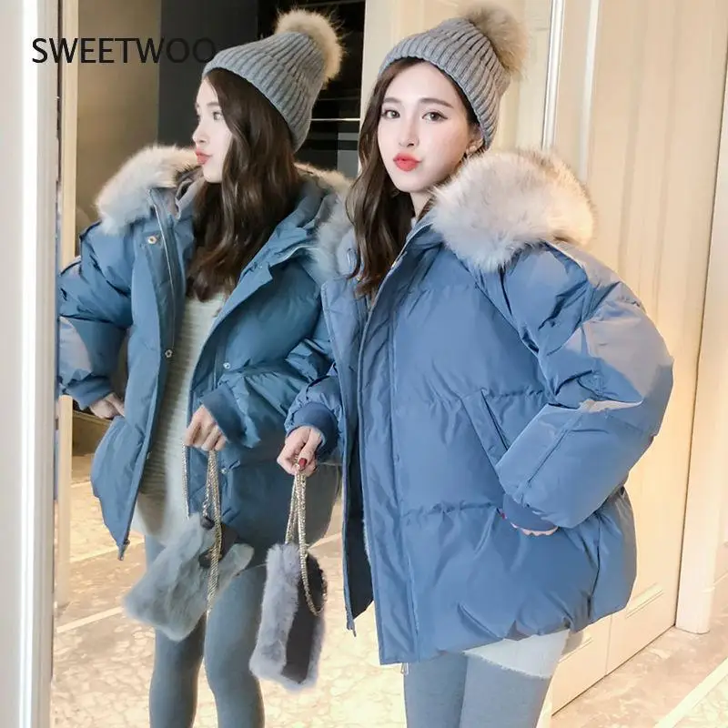 2021 New Winter Jacket Women Coat Big Fur Collar Hooded Warm Parkas Cotton Wadded Coat Snow Wear Thicken Female Jackets Outwear