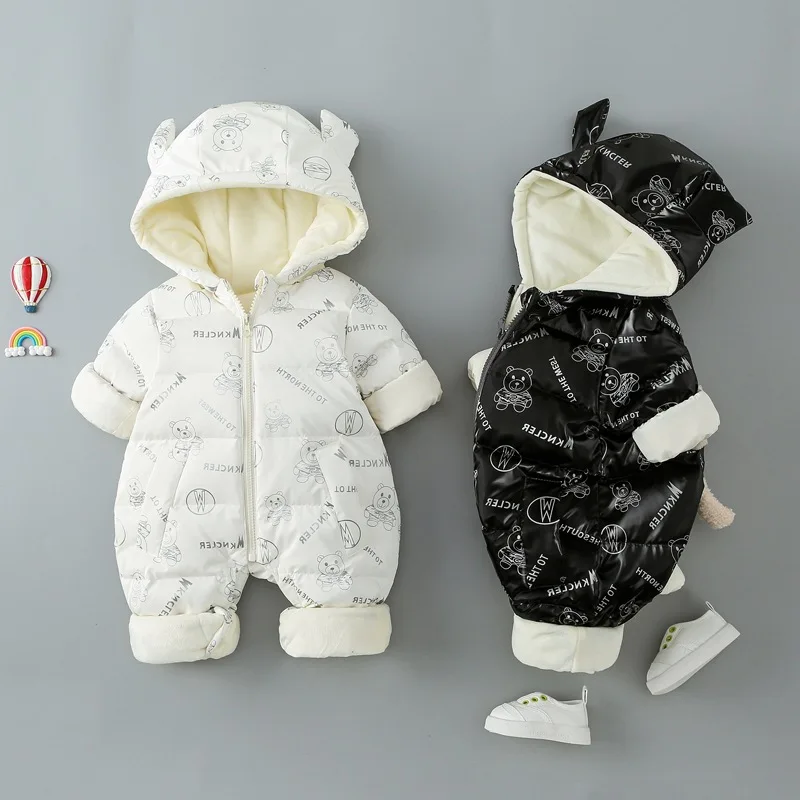 

Newborn Baby Girls Rompers Thick Warm Glossy Windproof Quilted Hooded Infant Cotton Jacket Cute Detachable Bear Toddler Clothes