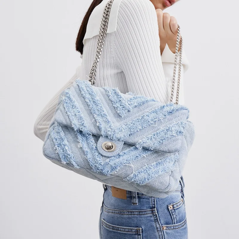 

Denim Blue Messenger Bag Large Capacity Tote Bag Rhombic Pattern Chain Luxury Design Female Bag