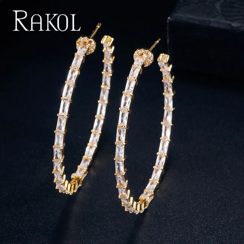 

RAKOL New Ins Exquisite Rectangle Cubic Zirconia Big Circle Shape Stud Earrings for Women Party Daily Wear Jewelry Gifts